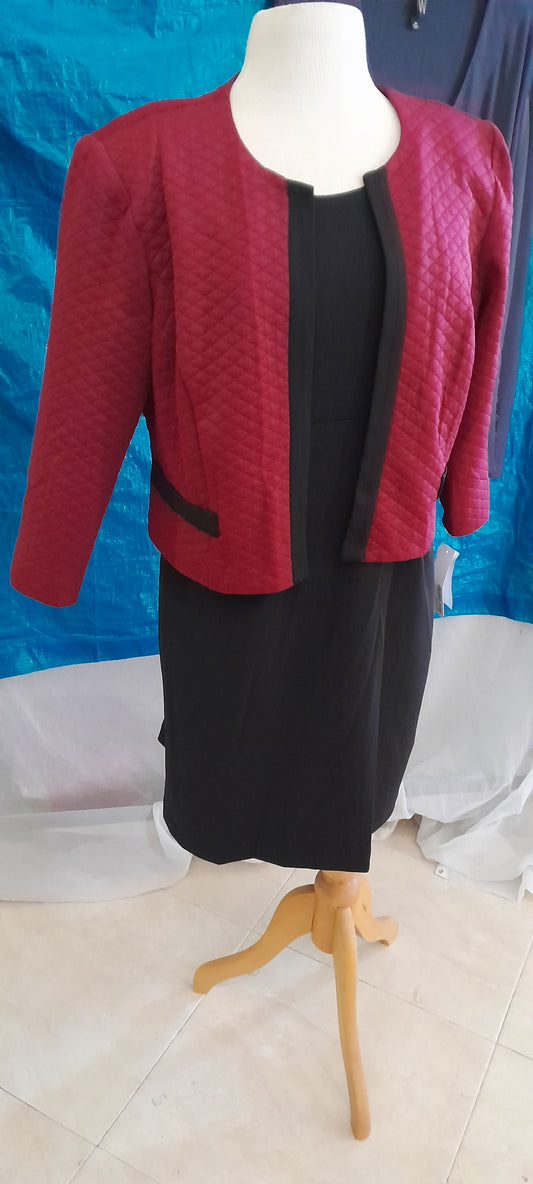 Black fitted dress with red jacket